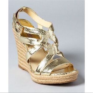 Michael Kors Palm Beach Gold Leather Snake Print Metallic Espadrille Wedge 9.5